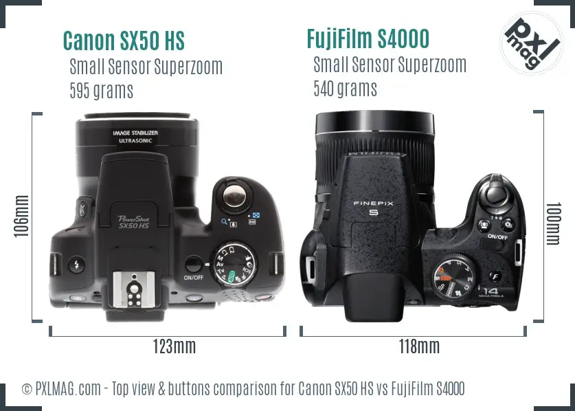 Canon SX50 HS vs FujiFilm S4000 top view buttons comparison