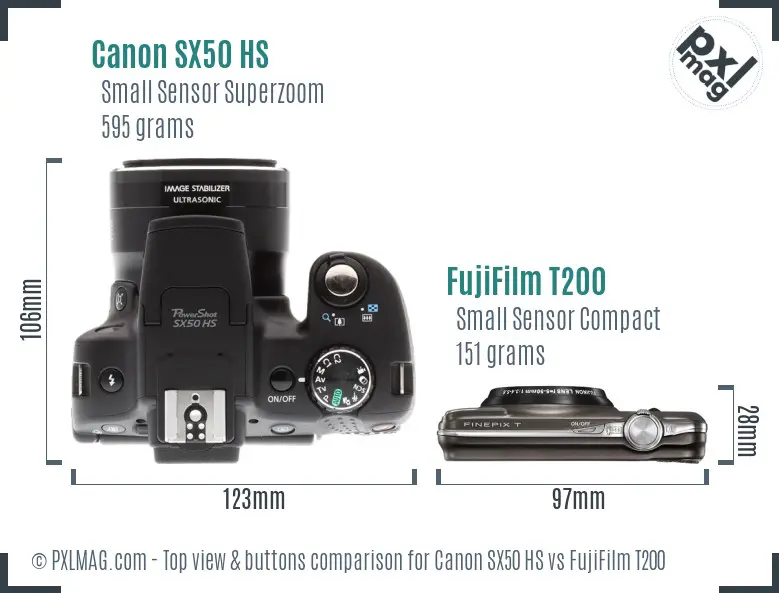 Canon SX50 HS vs FujiFilm T200 top view buttons comparison Canon SX50 HS vs FujiFilm T200 top view buttons comparison