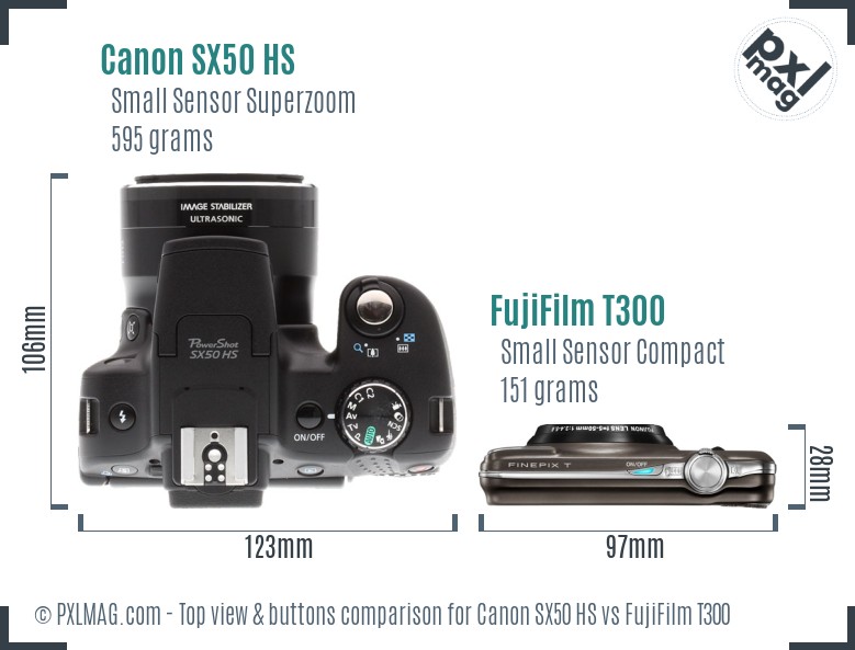 Canon SX50 HS vs FujiFilm T300 top view buttons comparison