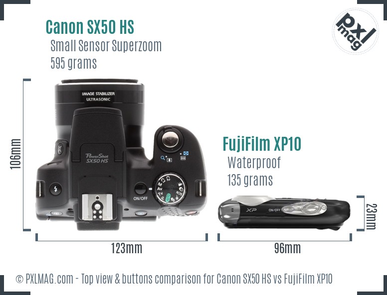 Canon SX50 HS vs FujiFilm XP10 top view buttons comparison