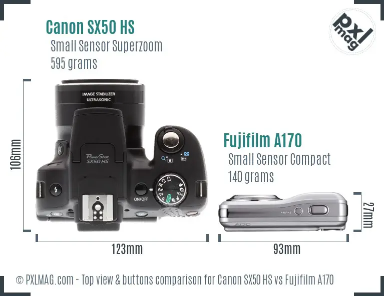 Canon SX50 HS vs Fujifilm A170 top view buttons comparison