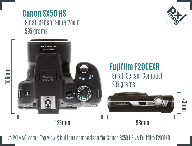 Canon SX50 HS vs Fujifilm F200EXR top view buttons comparison