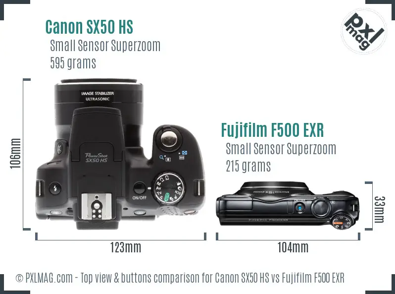 Canon SX50 HS vs Fujifilm F500 EXR top view buttons comparison