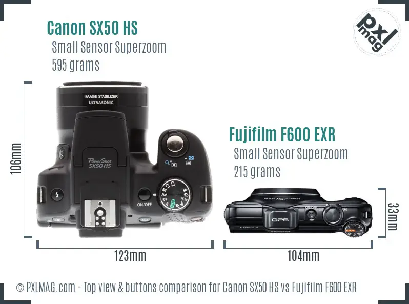 Canon SX50 HS vs Fujifilm F600 EXR top view buttons comparison