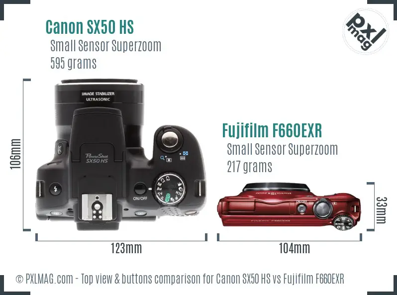 Canon SX50 HS vs Fujifilm F660EXR top view buttons comparison