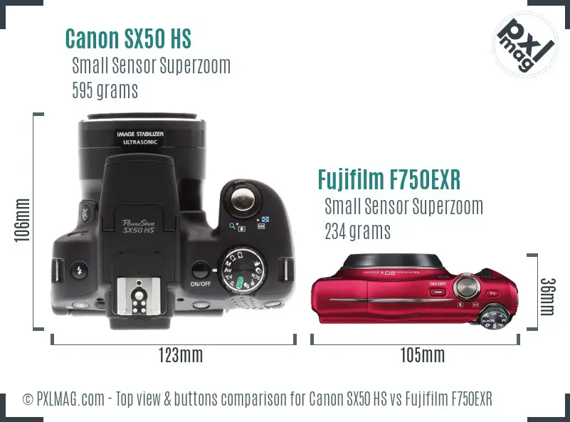 Canon SX50 HS vs Fujifilm F750EXR top view buttons comparison