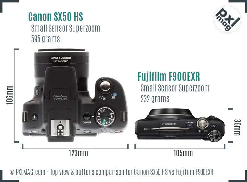 Canon SX50 HS vs Fujifilm F900EXR top view buttons comparison Canon SX50 HS vs Fujifilm F900EXR top view buttons comparison