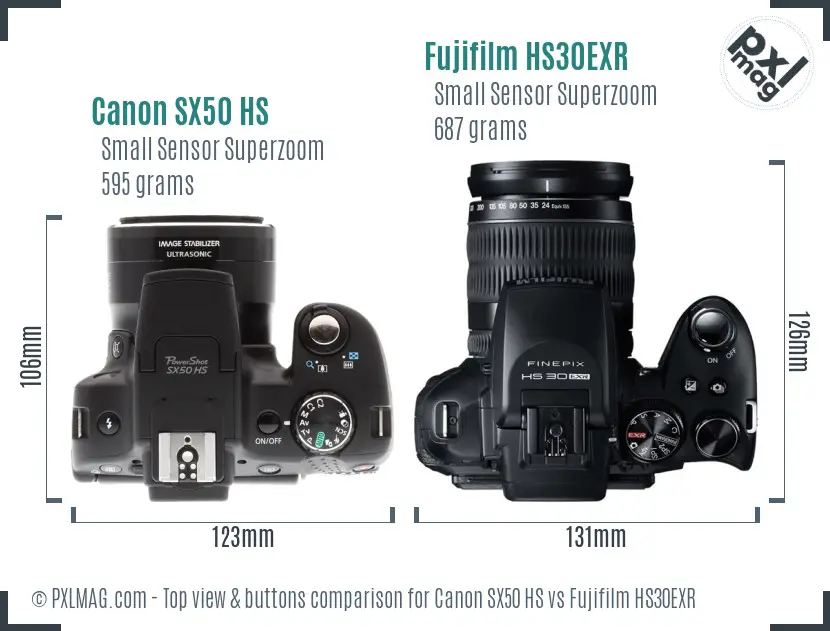 Canon SX50 HS vs Fujifilm HS30EXR top view buttons comparison