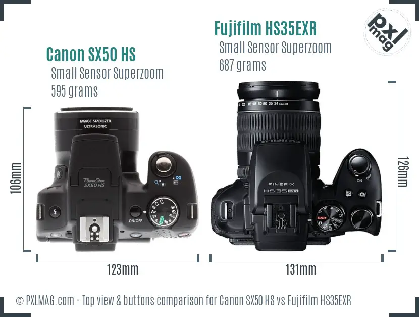 Canon SX50 HS vs Fujifilm HS35EXR top view buttons comparison