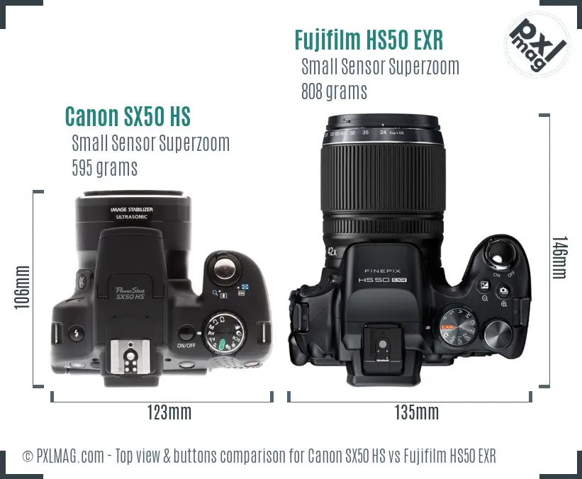 Canon SX50 HS vs Fujifilm HS50 EXR top view buttons comparison