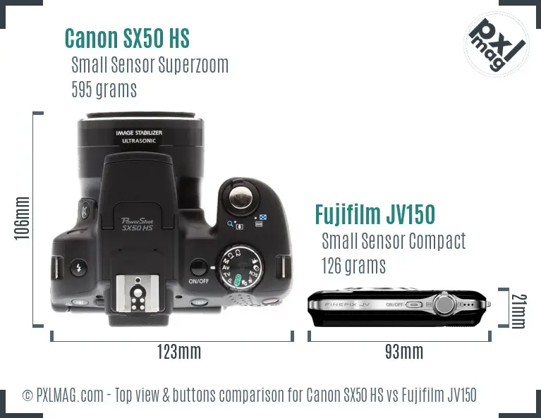 Canon SX50 HS vs Fujifilm JV150 top view buttons comparison