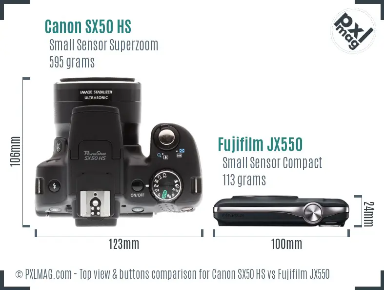 Canon SX50 HS vs Fujifilm JX550 top view buttons comparison Canon SX50 HS vs Fujifilm JX550 top view buttons comparison