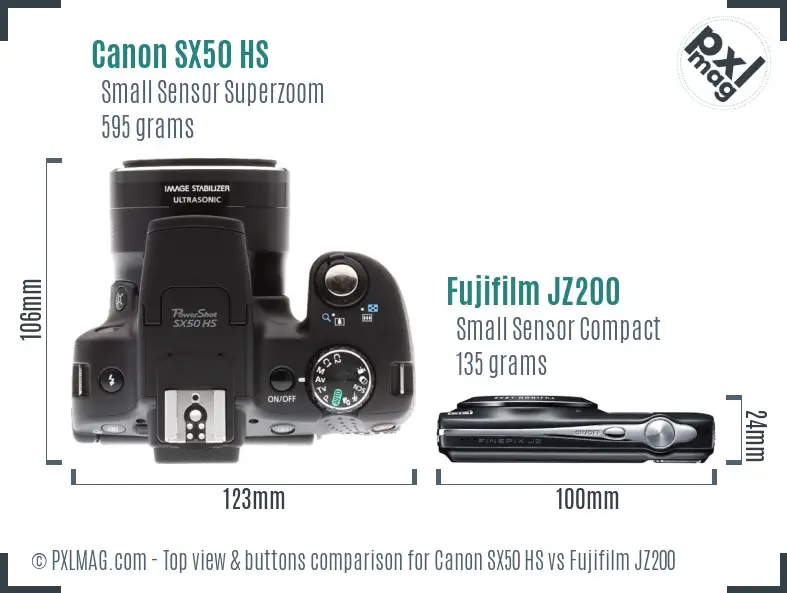 Canon SX50 HS vs Fujifilm JZ200 top view buttons comparison