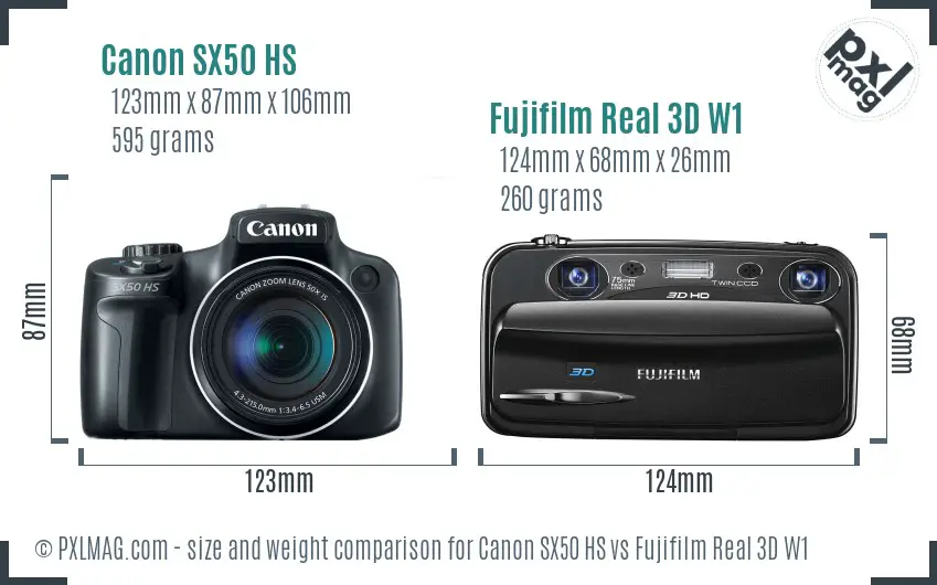 Canon SX50 HS vs Fujifilm Real 3D W1 size comparison