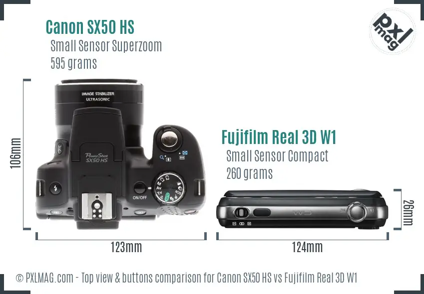 Canon SX50 HS vs Fujifilm Real 3D W1 top view buttons comparison