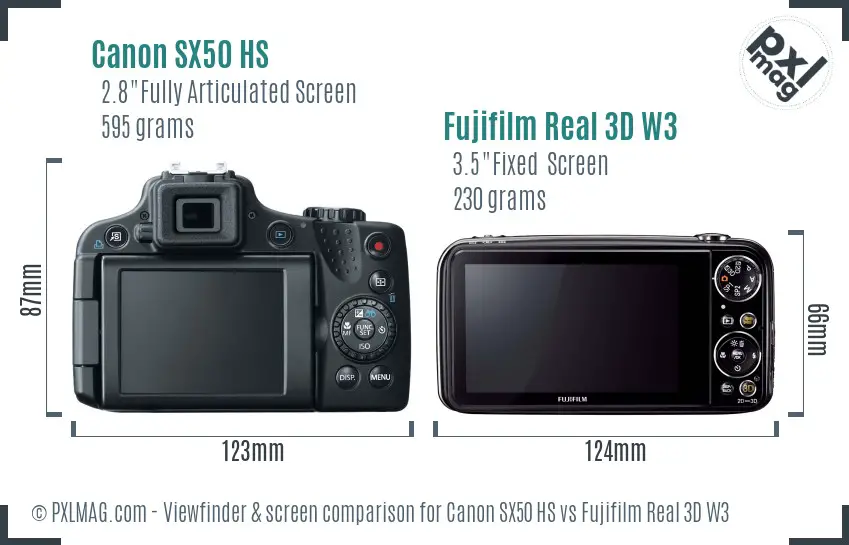 Canon SX50 HS vs Fujifilm Real 3D W3 Screen and Viewfinder comparison