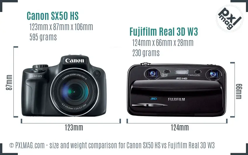 Canon SX50 HS vs Fujifilm Real 3D W3 size comparison