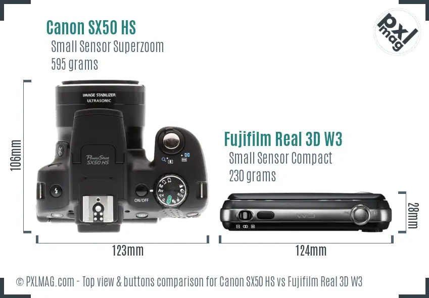 Canon SX50 HS vs Fujifilm Real 3D W3 top view buttons comparison