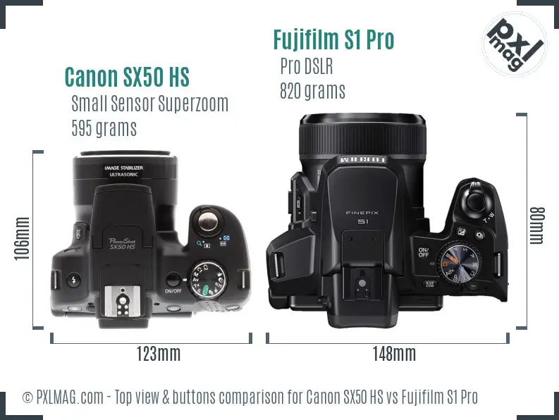 Canon SX50 HS vs Fujifilm S1 Pro top view buttons comparison