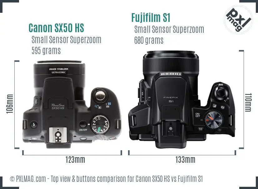 Canon SX50 HS vs Fujifilm S1 top view buttons comparison