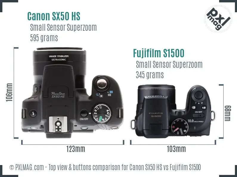 Canon SX50 HS vs Fujifilm S1500 top view buttons comparison