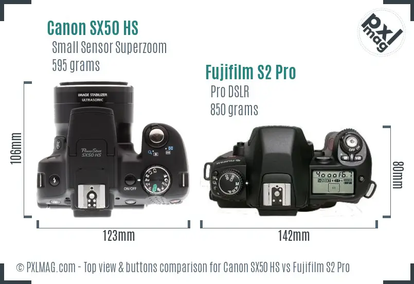 Canon SX50 HS vs Fujifilm S2 Pro top view buttons comparison