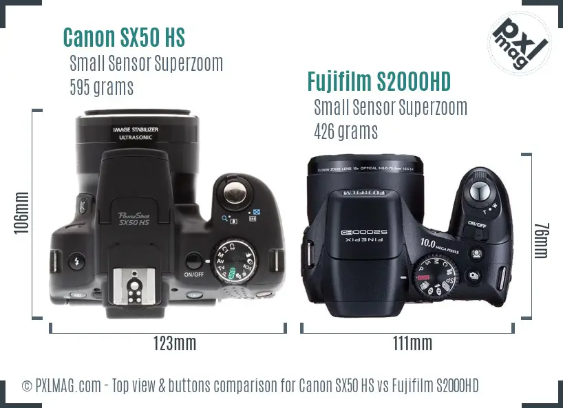 Canon SX50 HS vs Fujifilm S2000HD top view buttons comparison