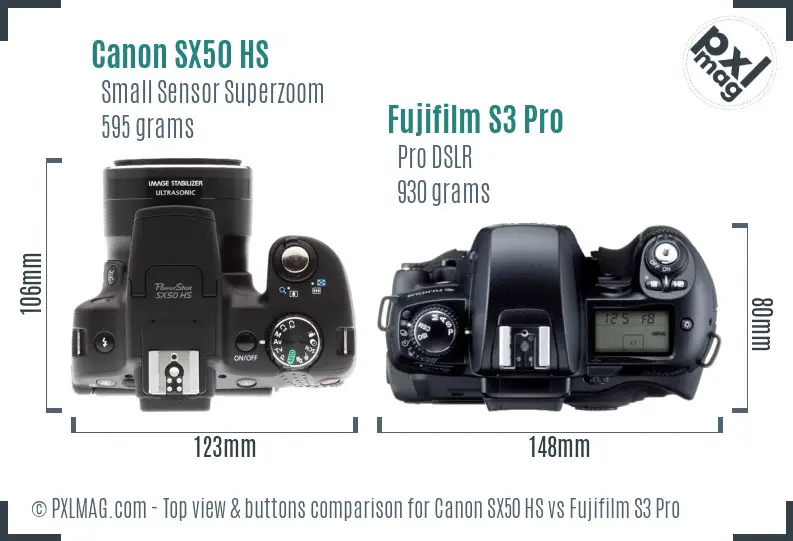 Canon SX50 HS vs Fujifilm S3 Pro top view buttons comparison Canon SX50 HS vs Fujifilm S3 Pro top view buttons comparison