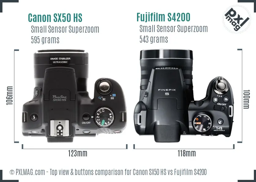 Canon SX50 HS vs Fujifilm S4200 top view buttons comparison