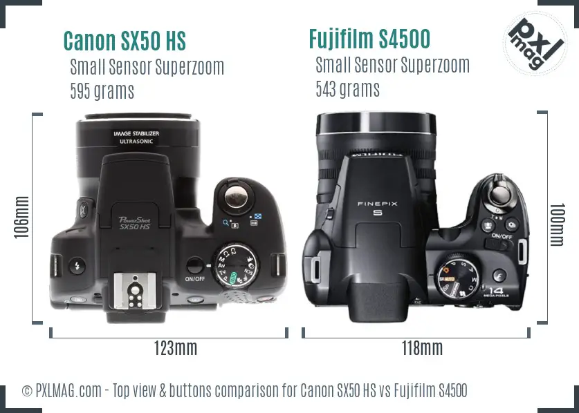 Canon SX50 HS vs Fujifilm S4500 top view buttons comparison