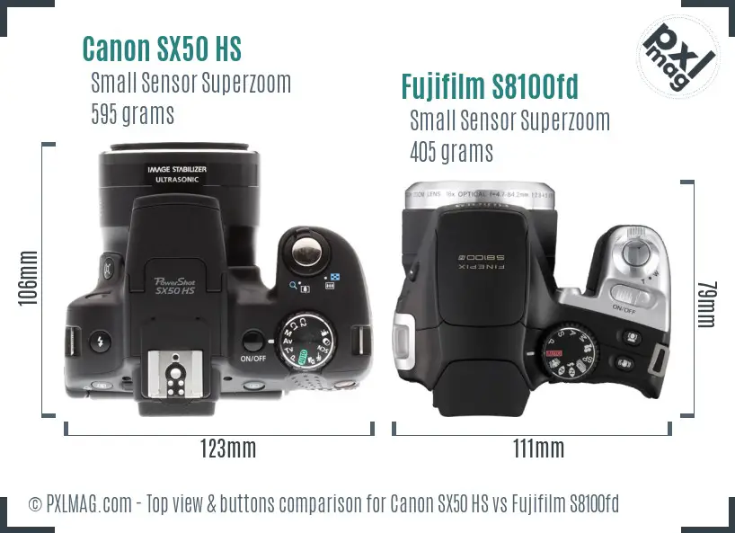 Canon SX50 HS vs Fujifilm S8100fd top view buttons comparison