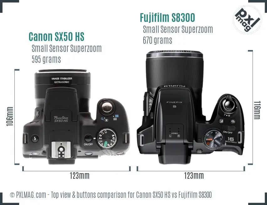 Canon SX50 HS vs Fujifilm S8300 top view buttons comparison
