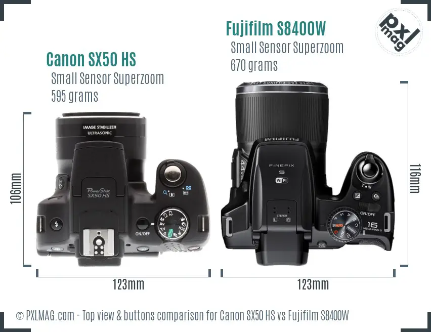 Canon SX50 HS vs Fujifilm S8400W top view buttons comparison