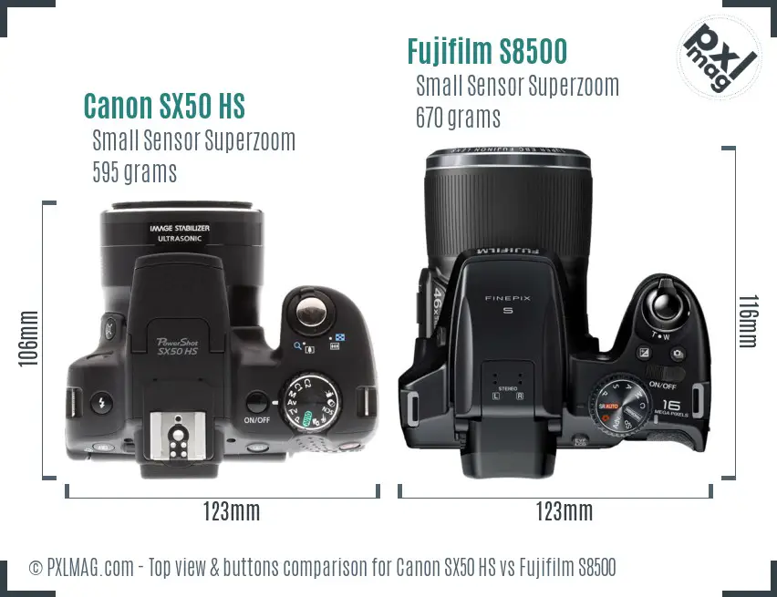 Canon SX50 HS vs Fujifilm S8500 top view buttons comparison