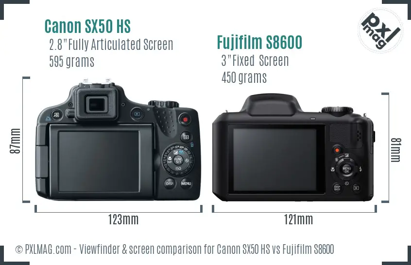 Canon SX50 HS vs Fujifilm S8600 Screen and Viewfinder comparison