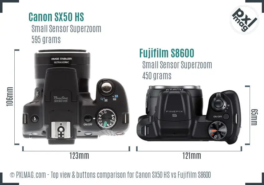 Canon SX50 HS vs Fujifilm S8600 top view buttons comparison