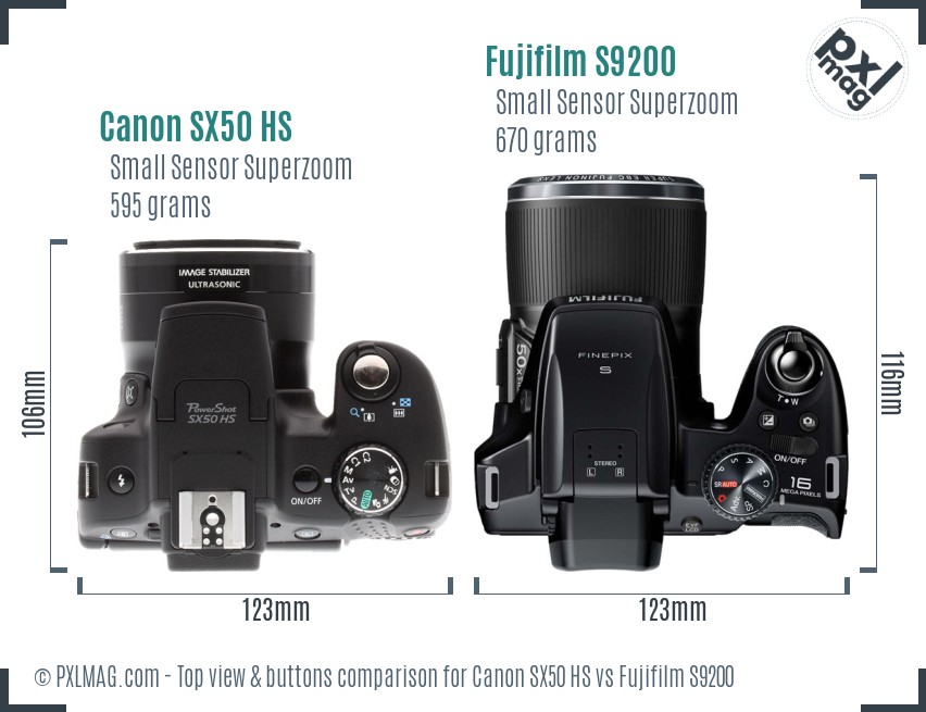 Canon SX50 HS vs Fujifilm S9200 top view buttons comparison