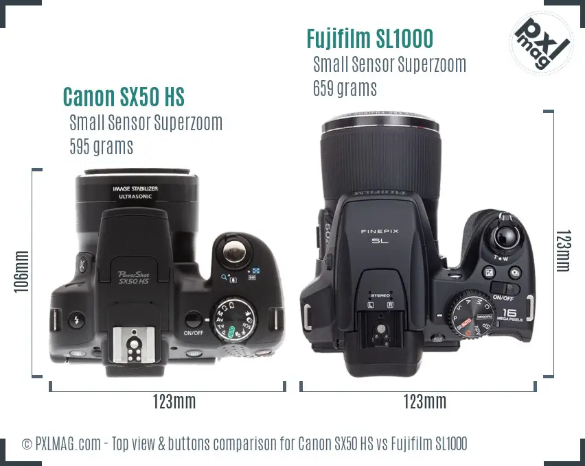 Canon SX50 HS vs Fujifilm SL1000 top view buttons comparison