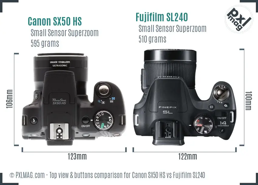 Canon SX50 HS vs Fujifilm SL240 top view buttons comparison