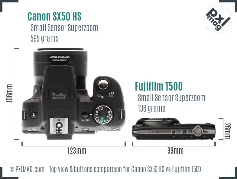 Canon SX50 HS vs Fujifilm T500 top view buttons comparison