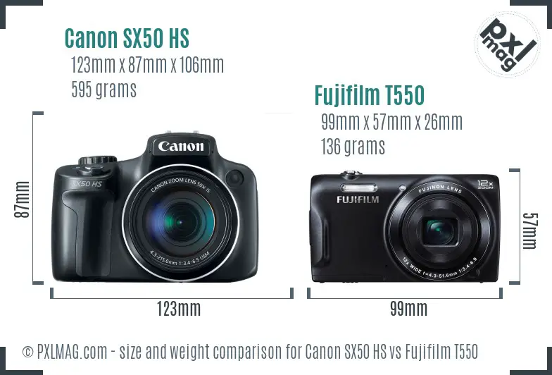 Canon SX50 HS vs Fujifilm T550 size comparison