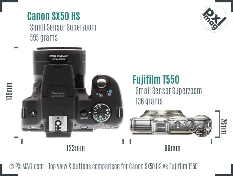 Canon SX50 HS vs Fujifilm T550 top view buttons comparison