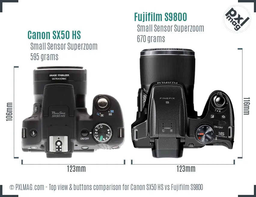 Canon SX50 HS vs Fujifilm S9800 top view buttons comparison