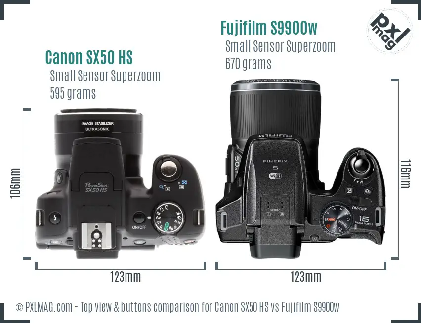 Canon SX50 HS vs Fujifilm S9900w top view buttons comparison Canon SX50 HS vs Fujifilm S9900w top view buttons comparison