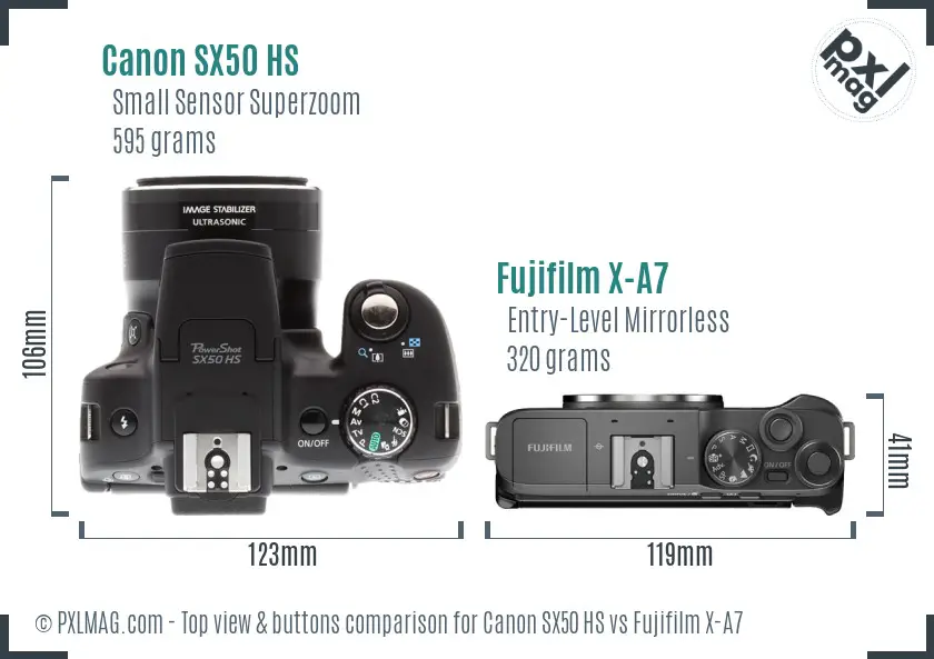 Canon SX50 HS vs Fujifilm X-A7 top view buttons comparison Canon SX50 HS vs Fujifilm X-A7 top view buttons comparison