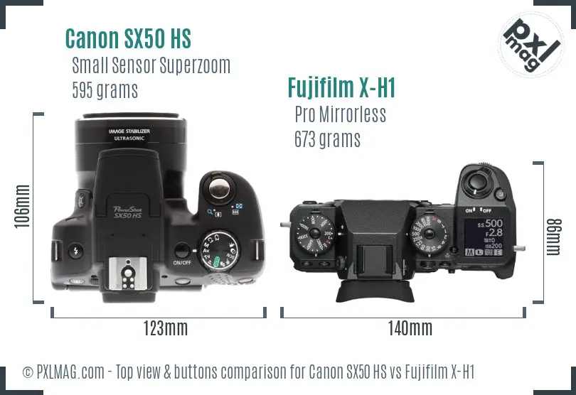 Canon SX50 HS vs Fujifilm X-H1 top view buttons comparison Canon SX50 HS vs Fujifilm X-H1 top view buttons comparison