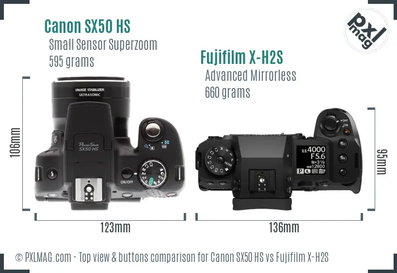 Canon SX50 HS vs Fujifilm X-H2S top view buttons comparison Canon SX50 HS vs Fujifilm X-H2S top view buttons comparison