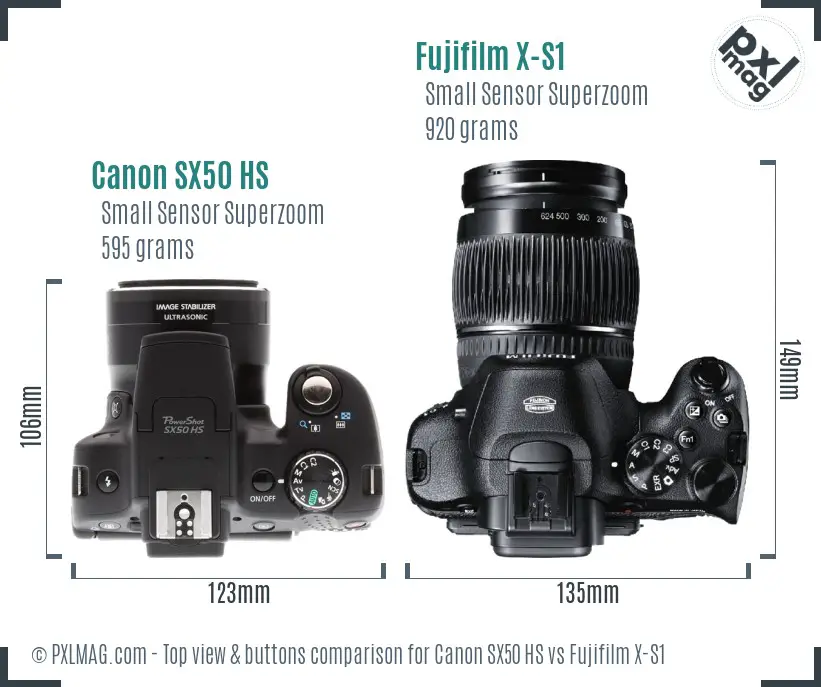 Canon SX50 HS vs Fujifilm X-S1 top view buttons comparison