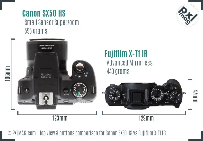 Canon SX50 HS vs Fujifilm X-T1 IR top view buttons comparison