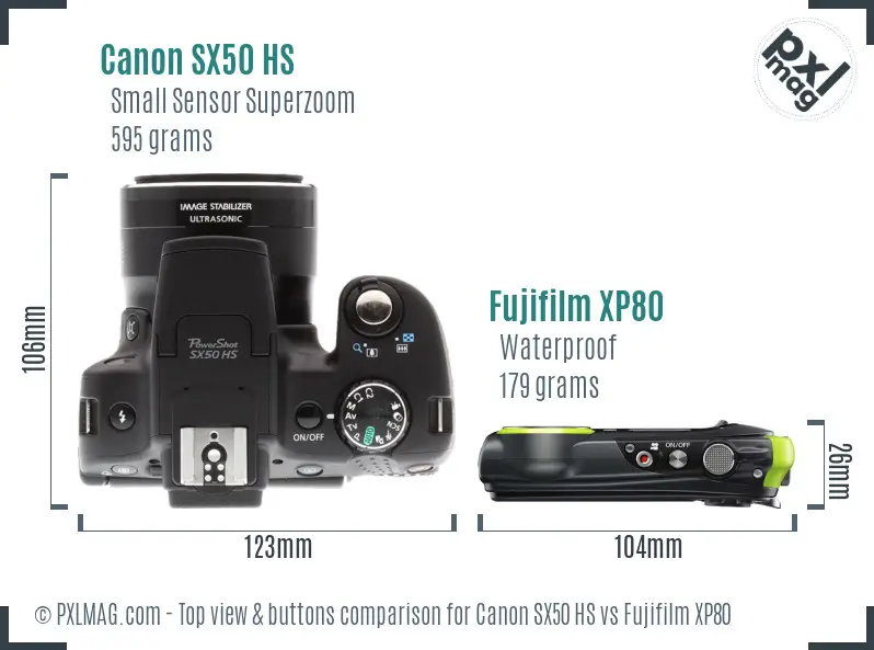 Canon SX50 HS vs Fujifilm XP80 top view buttons comparison Canon SX50 HS vs Fujifilm XP80 top view buttons comparison